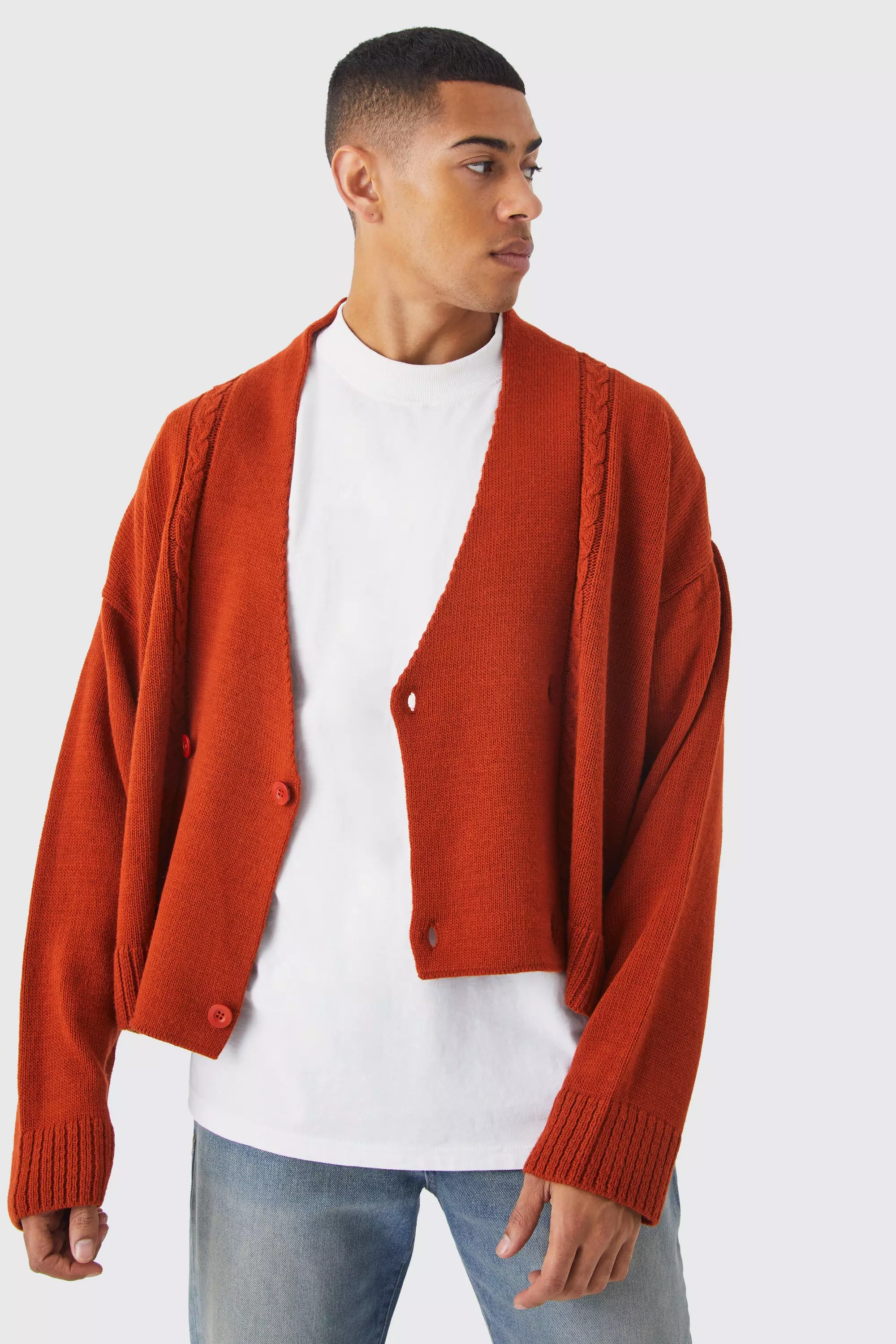 Boxy Double Breasted Collarless Cardigan boohooMAN USA